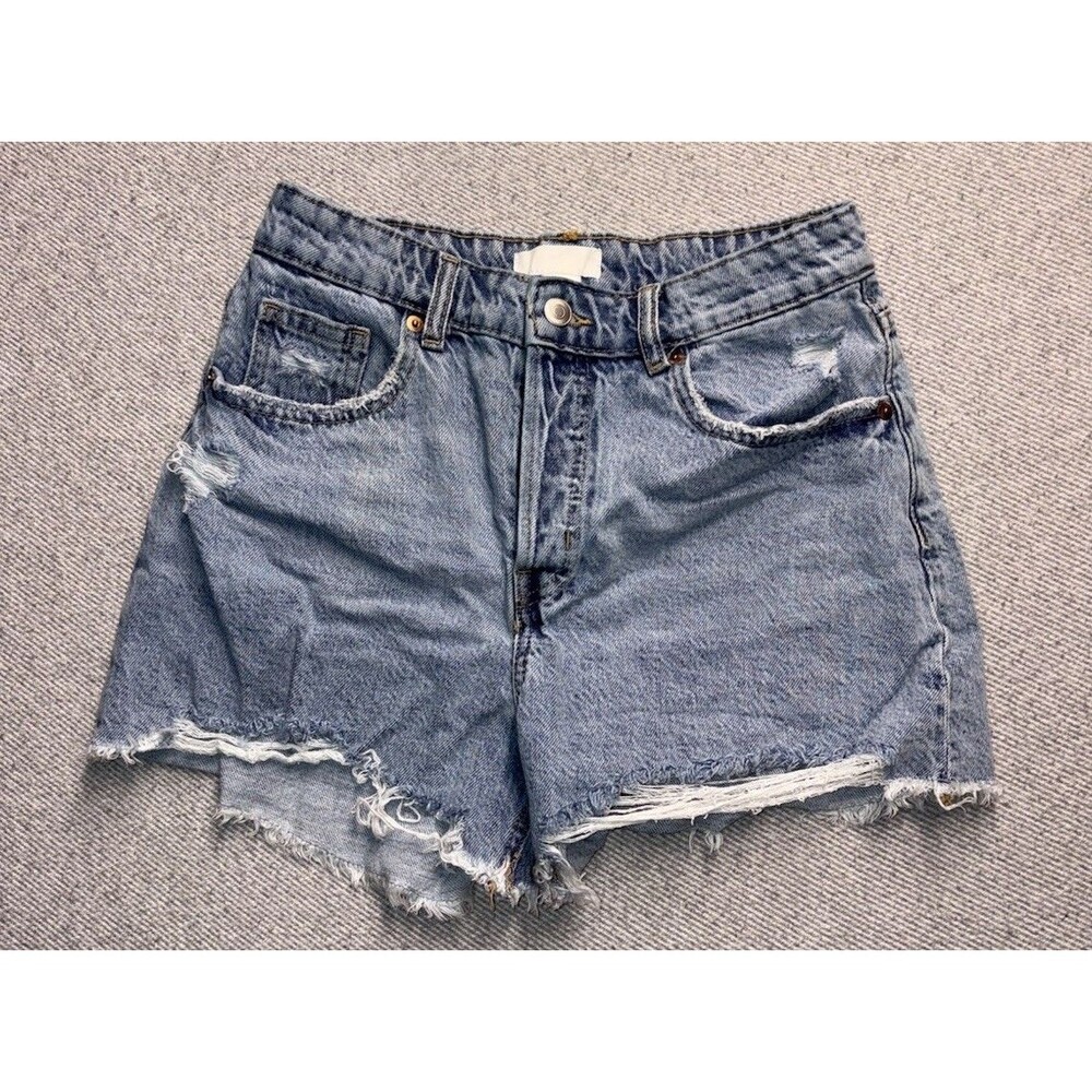 H&M High-Waisted Factory Distressed Denim Shorts - Size 6 - Five Button Fly